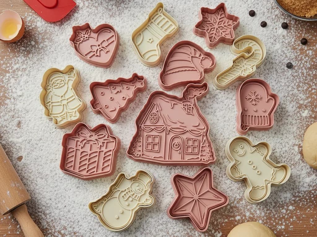 Kit com 13 cortadores e carimbos de biscoito de Natal em tons de rosa e creme