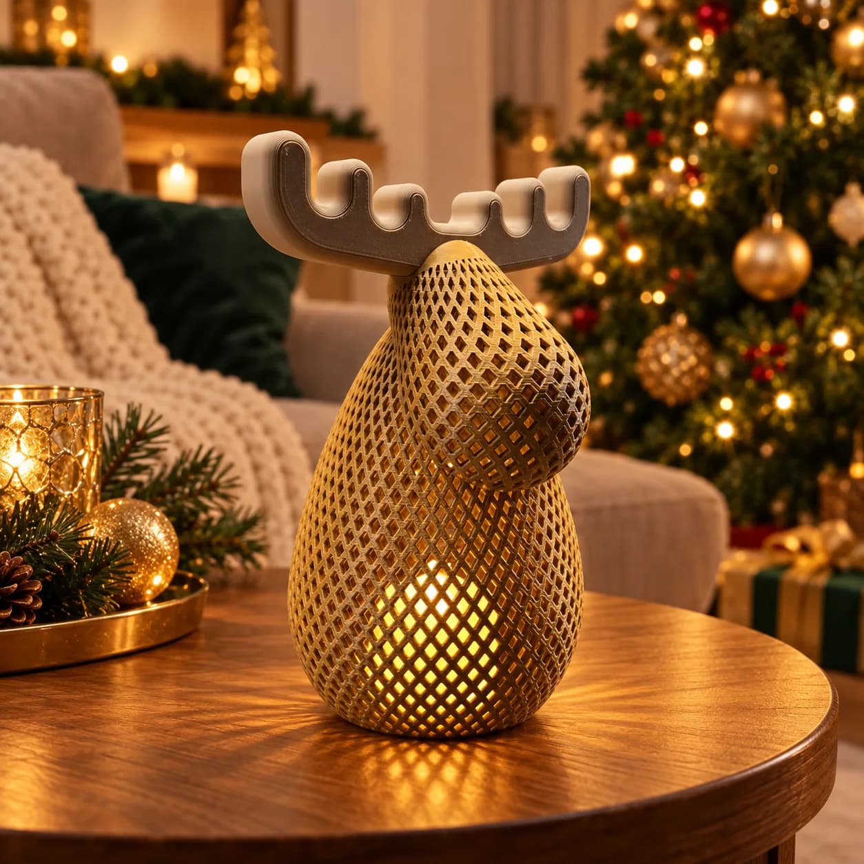 Luminária de alce acesa em sala decorada para o Natal
