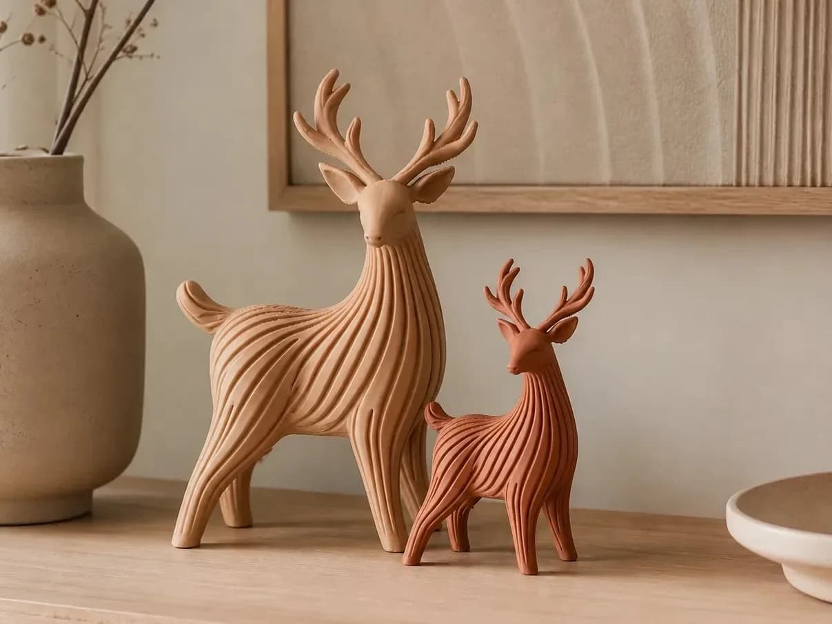 Dois veados Japandi decorativos impressos em 3D, um bege e um marrom terracota, sobre aparador de madeira