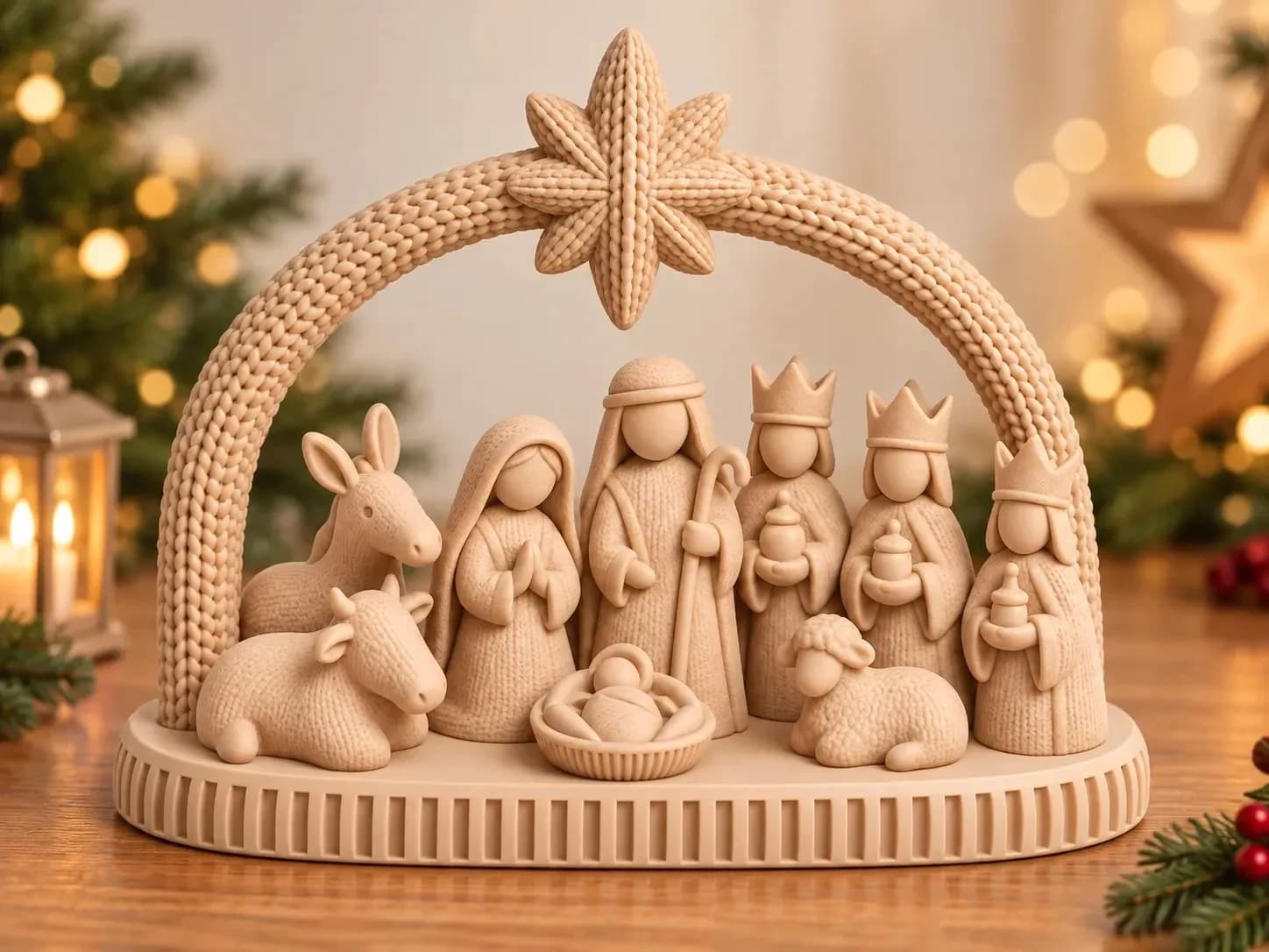 Presépio natalino bege com textura tricô, arco com estrela, Sagrada Família, Reis Magos e animais sobre base oval