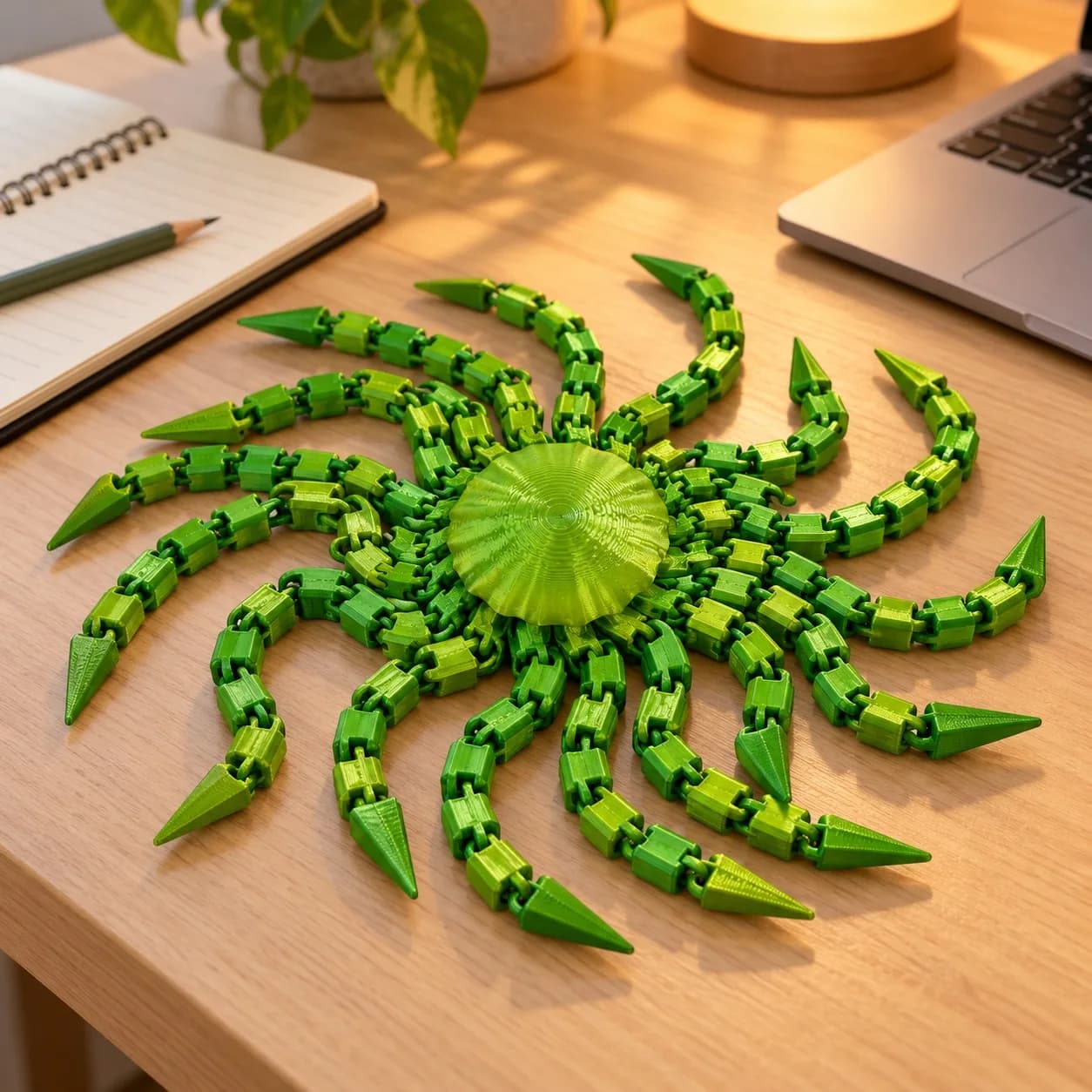 Medusa Sensorial verde com tentaculos articulados espalhados sobre mesa de escritorio
