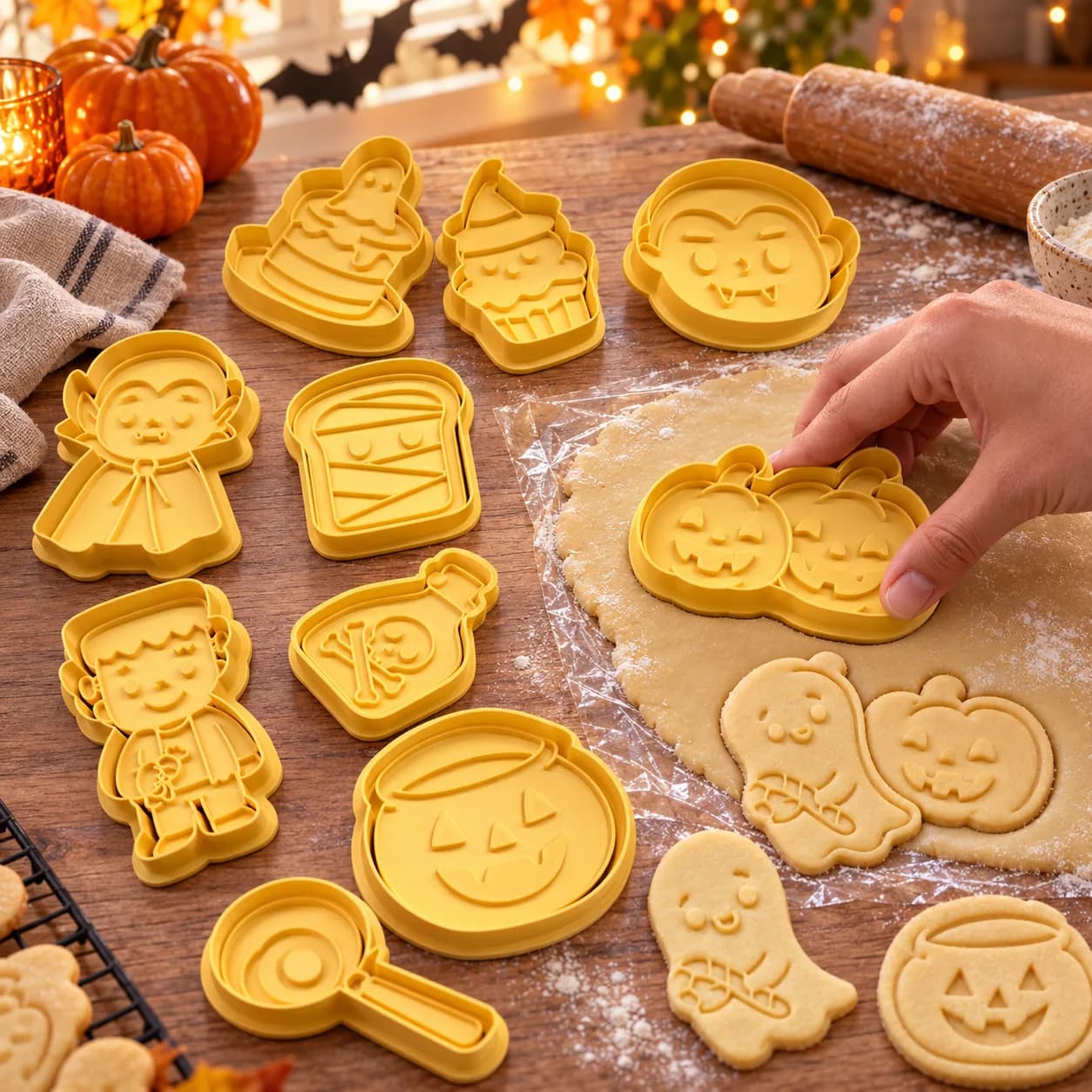 Kit de cortadores de massa Halloween Trama3D sendo usado para cortar biscoitos
